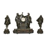 FINE AND LARGE FRENCH BRONZE AND MARBLE CLOCK GARNITURE EMBLEMATIC OF LITERATURE 19TH CENTURY the