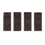 FOUR ENGLISH CARVED OAK 'ROMAYNE' PANELS 17TH CENTURY each rectangular panel carved in relief with a