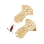 PAIR OF EMBROIDERED LEATHER FALCONER'S GLOVES embroidered with flowers, 35cm long; together with