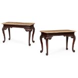 PAIR OF IRISH GEORGE III STYLE MAHOGANY SIDE TABLES 20TH CENTURY the rectangular moulded marble tops