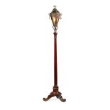 PATINATED BRASS AND MAHOGANY STANDARD LAMP EARLY 20TH CENTURY with lantern shade of facetted