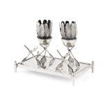 NOVELY SILVER PLATED INKSTAND, OF BADMINTON INTEREST 20TH CENTURY with two inkwells in the form of