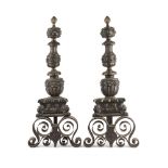 PAIR OF LARGE ITALIAN BRONZE ANDIRONS 19TH CENTURY in the 16th century style, with mask finials