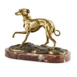 AFTER PIERRE-JULES MENE WHIPPET bronze, gilt patina, on a naturalistic ground mounted on a red