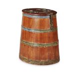 BRASS BANDED WOOD RUM BARREL 19TH CENTURY the hinged oval top over tapered staved sides with brass