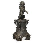 EARLY VICTORIAN PAINTED LEAD ARMORIAL FIREDOG 19TH CENTURY with a rampant lion on a spreading square