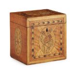 GEORGE III SATINWOOD, FEATHER BANDED AND INLAID TEA CADDY LATE 18TH CENTURY of cubic form, the