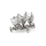 VICTORIAN NOVELTY SILVER PLATED CRUET SET 19TH CENTURY modelled as a cockerel and two hens, on a