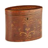 GEORGE III SATINWOOD AND HAREWOOD CROSSBANDED INLAID TEA CADDY LATE 18TH CENTURY of oval form, the