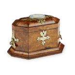 VICTORIAN BURR WALNUT, BRASS AND JASPERWARE MOUNTED TEA CADDY MID 19TH CENTURY of octagonal form,