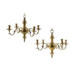 PAIR OF DUTCH BRASS CHANDELIERS 18TH CENTURY each with four outscrolling candle arms with