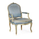 GEORGE III CREAM AND BLUE PAINTED ARMCHAIR MID 18TH CENTURY the shaped padded back and part padded