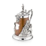 LARGE VICTORIAN OAK AND SILVERPLATE MOUNTED PRESENTATION FLAGON 19TH CENTURY of tapered form with