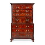 FINE GEORGE III FLAME MAHOGANY SECRETAIRE CHEST ON CHEST LATE 18TH CENTURY the projecting cornice