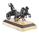 ITALIAN BRONZE FIGURE OF A CHARIOTEER 19TH CENTURY on a rectangular stepped Siena marble and gilt