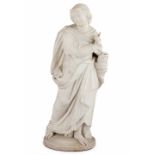 WHITE MARBLE FIGURE 19TH CENTURY modelled as a classical young man holding a flaming censer in his