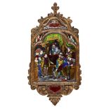 LIMOGES ENAMEL PLAQUE in multicolour enamels, depicting courtiers with swords, below cartouche