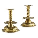 MATCHED PAIR OF DUTCH BRASS CANDLESTICKS EARLY 19TH CENTURY in the 17th century style; the