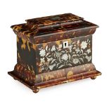 REGENCY TORTOISESHELL AND MOTHER-OF-PEARL INLAID TEA CADDY EARLY 19TH CENTURY of sarcophagus form,