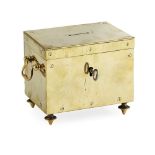 MINIATURE BRASS STRONGBOX BANK 19TH CENTURY of plain cubic form with a hinged cover with a coin