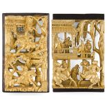 TWO CHINESE CARVED GILTWOOD WALL PANELS 19TH CENTURY carved in high relief, depicting warriors,