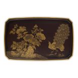 JAPANESE LACQUER TRAY MEIJI PERIOD of rectangular form with canted corners, decorated with peonies