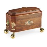 REGENCY ROSEWOOD, SYCAMORE, EBONY AND BRASS INLAID TEA CADDY EARLY 19TH CENTURY of sarcophagus form,