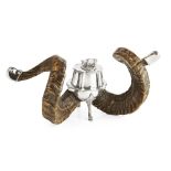 SILVER-PLATE MOUNTED RAM'S HORN SNUFF MULL 20TH CENTURY the hinged top with a cow finial, raised