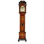 WILLIAM AND MARY WALNUT AND MARQUETRY INLAID THREE-TRAIN, MONTH DURATION LONGCASE CLOCK, BY BENJAMIN