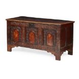 WILLIAM AND MARY CARVED OAK AND MARQUETRY CHEST 17TH CENTURY the hinged two board top above flower