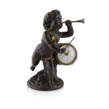 FRENCH PATINATED BRONZE FIGURAL TIMEPIECE 19TH CENTURY modelled as a putto sounding a horn, the drum