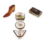 GROUP OF FIVE SNUFF/PATCH BOXES 19TH AND 20TH CENTURY comprising a carved shoe form box with slide-