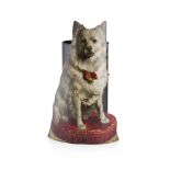 NOVELTY TOLEWARE STICK STAND EARLY 20TH CENTURY painted with a seated dog on a red cushion, with