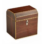 GEORGE III ROSEWOOD AND BOXWOOD BANDED TEA CADDY LATE 18TH CENTURY of cubic form, the hinged cover