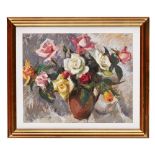 § LENA ALEXANDER (SCOTTISH 1899-1983) A VASE OF COLOURED ROSES signed, pastel on buff paper 46.5cm x