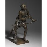 FINE FRENCH BRONZE FIGURE OF DIANA CHASSEUR FIRST QUARTER 18TH CENTURY dark brown/black patina, on