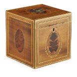 GEORGE III SATINWOOD AND BURRWOOD INLAID TEA CADDY LATE 18TH CENTURY of cubic form, with banded