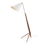 MID-CENTURY TEAK AND BRASS MOUNTED EXTENDING FLOOR LAMP, CIRCA 1950 the original canvas shade