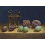 § TIM GUSTARD (BRITISH B.1954) STILL LIFE WITH WHISKEY, GRAPES AND WALNUTS signed and dated '95, oil