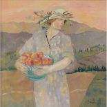 [§] BRENDA LENAGHAN R.S.W. (SCOTTISH B.1941) GIRL WITH PEACHES, TUSCANY signed, oil on board 75cm