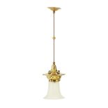 ARTS & CRAFTS BRASS HALL LANTERN, CIRCA 1900 the flaring Vaseline opalescent glass shade,