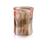 SAM HERMAN (B. 1936) OVAL SECTION LUSTRE GLASS VASE, DATED 1974 with russet ground and spotted band,