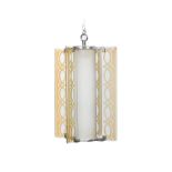 ART DECO HANGING GLASS HALL LANTERN, CIRCA 1930 with chromium plated mounts, the cylindrical frosted