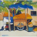 [§] LIN PATTULO (SCOTTISH CONTEMPORARY) ORANGE CART signed, acrylic on canvasboard 19cm x 19cm (7.