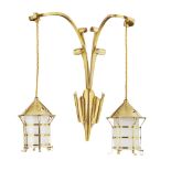 ARTS & CRAFTS BRASS WALL LIGHT, CIRCA 1900 with scrolled back plate and two scrolling branches, each