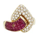 A ruby and diamond set cocktail ringof stylised interlocking design, invisibly set with square cut