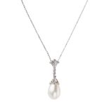A pearl and diamond pendantthe pierced bale set with small round brilliant cut diamonds,