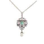 An diamond, emerald and pearl pendantset with a tall emerald cabochon in a border of small round cut