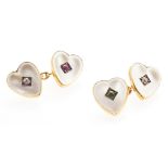 A pair of gem set cufflinks each terminal of heart shape, the mother of pearl ground set with a