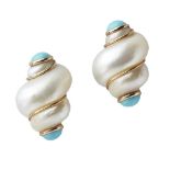 A pair of shell and turquoise earrings each shell set with turquoise cabochons to each terminal,